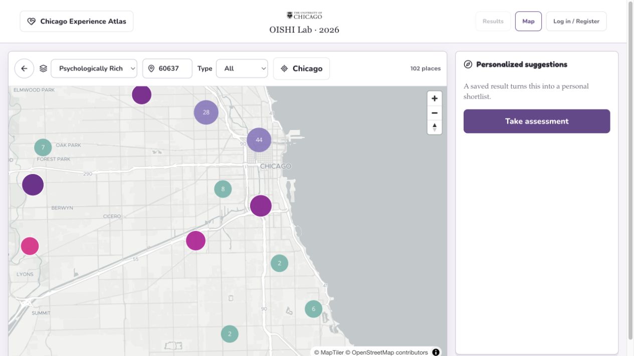 Chicago map showing psychologically rich places and a panel for personalized suggestions.