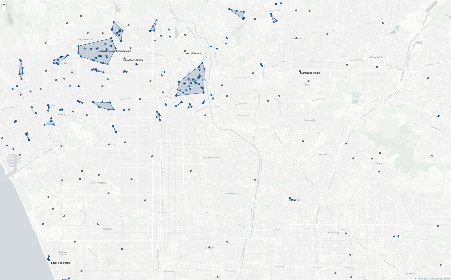A research map showing psychologically rich places dispersed across Los Angeles.